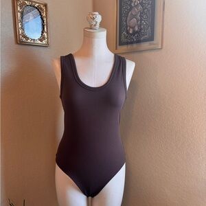 Nuuds Mocha Ribbed Scooped Neck Bodysuit